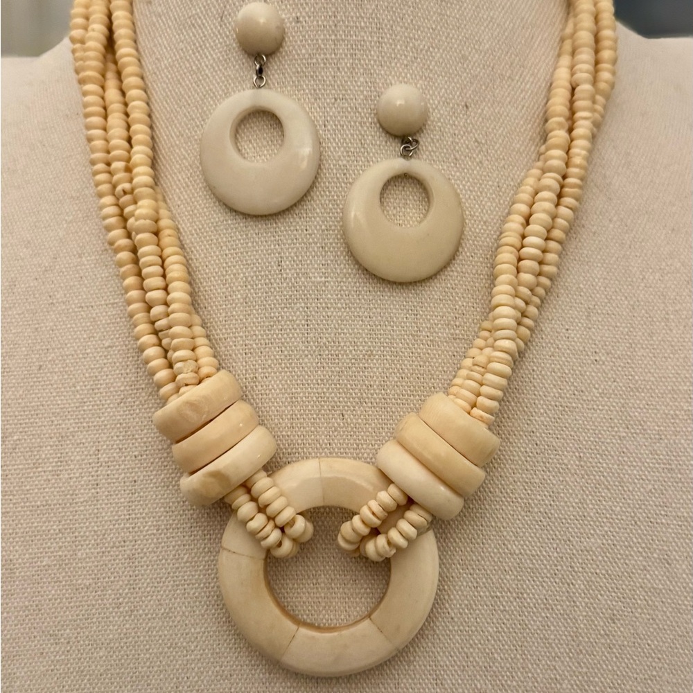 Vintage Cream Beaded Necklace & Earrings Set 18” Double Strand 2” Donut Pendant